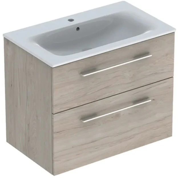 Set mobilier baie (masca suspendata cu 2 sertare si lavoar) Geberit Selnova Square 80 cm, maro deschis (nuc american hicko...