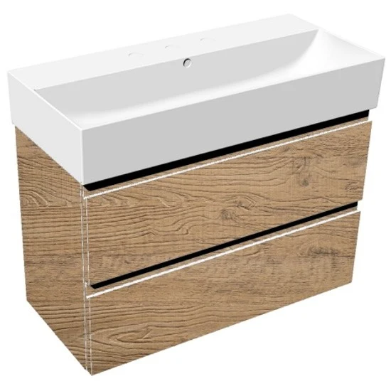 Set mobilier baie (masca suspendata cu 2 sertare si lavoar) Hatria Bahia 13 80x47 cm, cu un orificiu pentru baterie, crem...