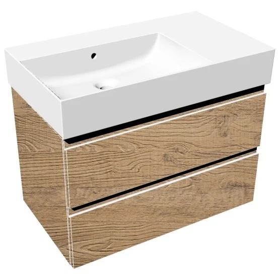 Set mobilier baie (masca suspendata cu 2 sertare si lavoar) Hatria Bahia 13 asimetric 80x47 cm, cu un orificiu pentru bate...