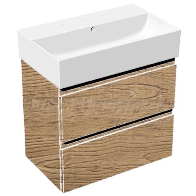 Set mobilier baie (masca suspendata cu 2 sertare si lavoar) Hatria Bahia 13 60x47 cm, cu un orificiu pentru baterie, crem...