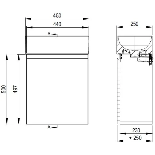 Set mobilier baie (masca suspendata cu 1 usa si lavoar) Hatria Bahia 13 45x25 cm, cu un orificiu pentru baterie, crem (che...