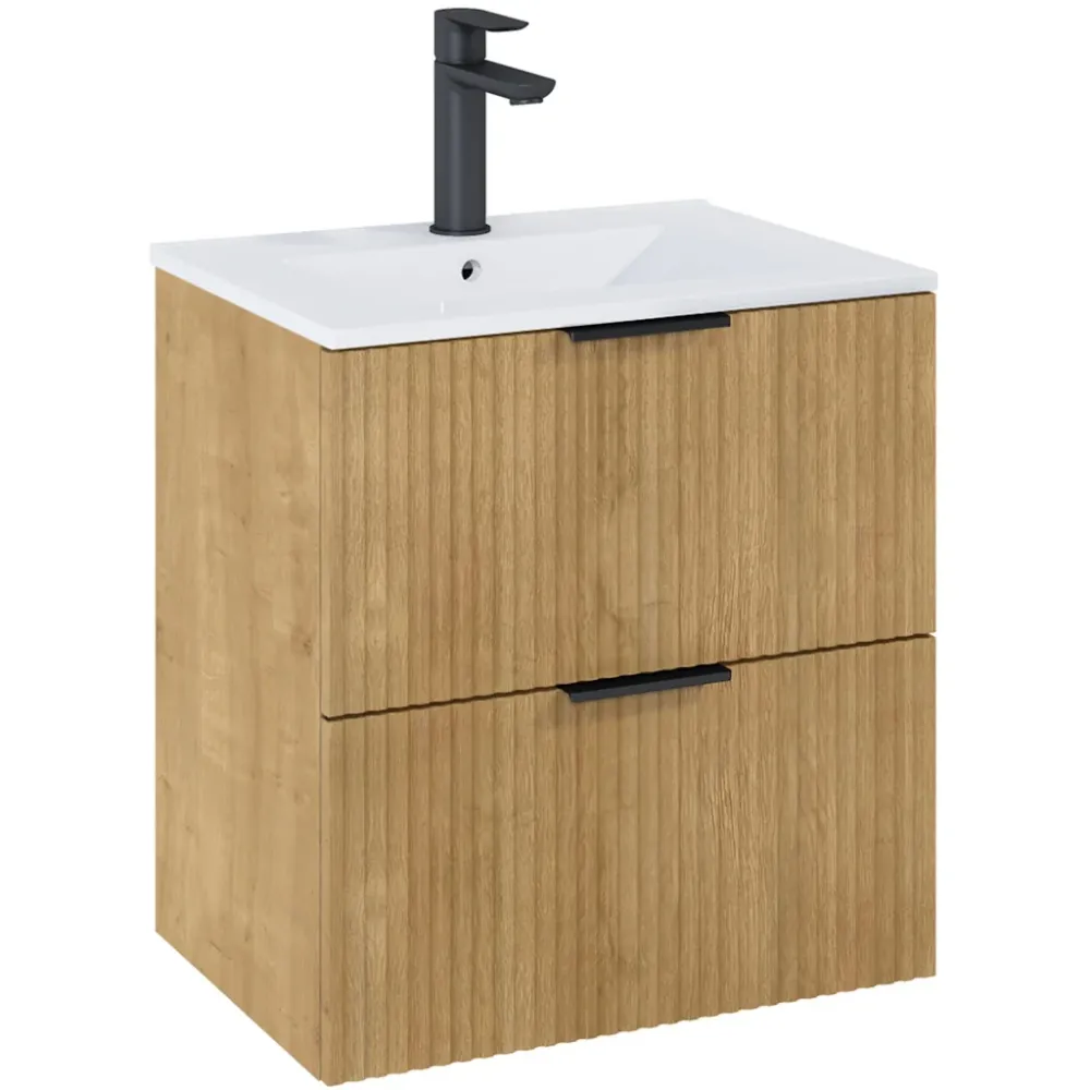 Set mobilier baie cu riflaj (masca si lavoar cu doua sertare) Roca Reef 80x45xH65 cm, bej (light oak)