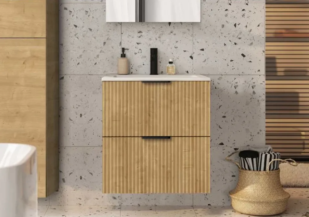 Set mobilier baie cu riflaj (masca si lavoar cu doua sertare) Roca Reef 60x45xH65 cm, bej (light oak)