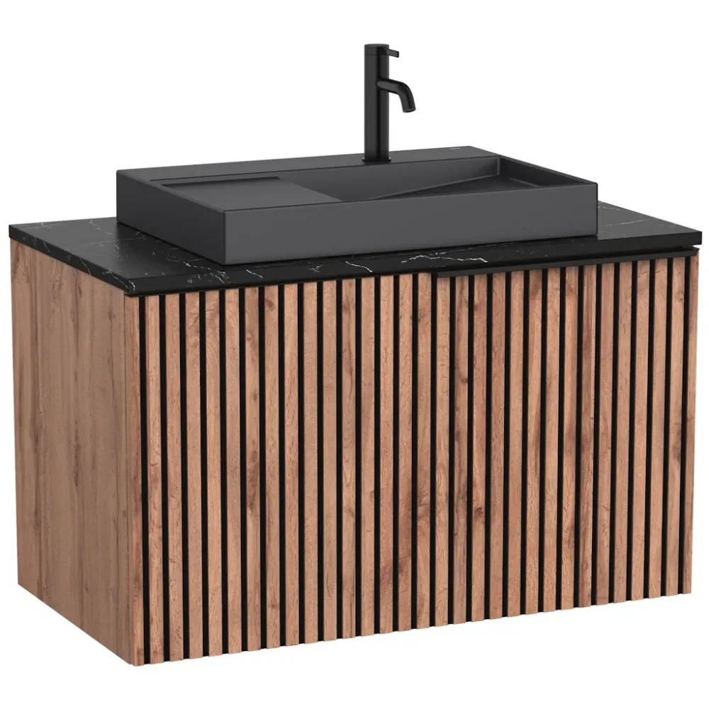 Set mobilier baie cu riflaj (masca si lavoar cu sertar) Roca Horizon 91x50xH56 cm, bej/negru