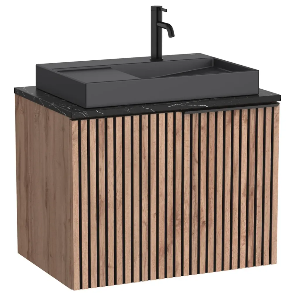 Set mobilier baie cu riflaj (masca si lavoar cu sertar) Roca Horizon 72x50xH56 cm, bej/negru