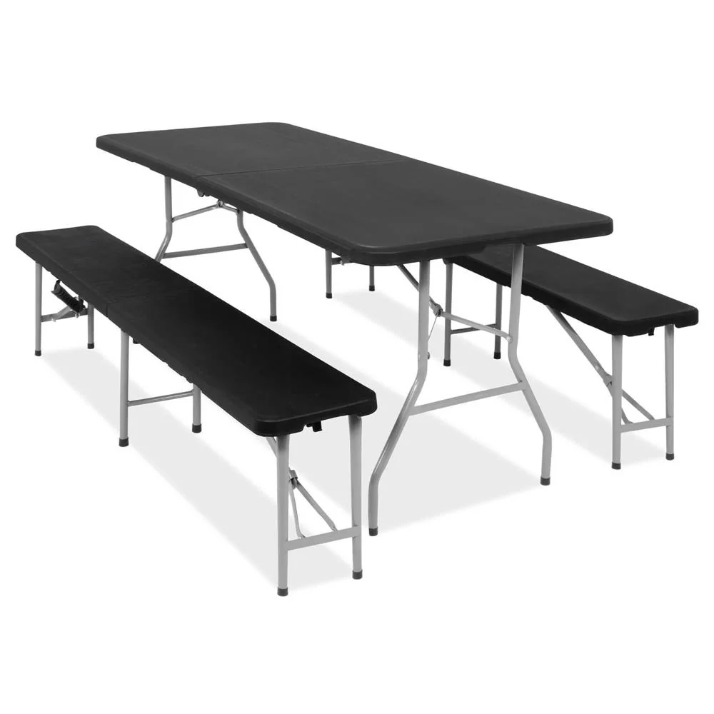 Set masa pliabila cu 2 banci, 180 cm, negru, HDPE si cadru metalic anticoroziv