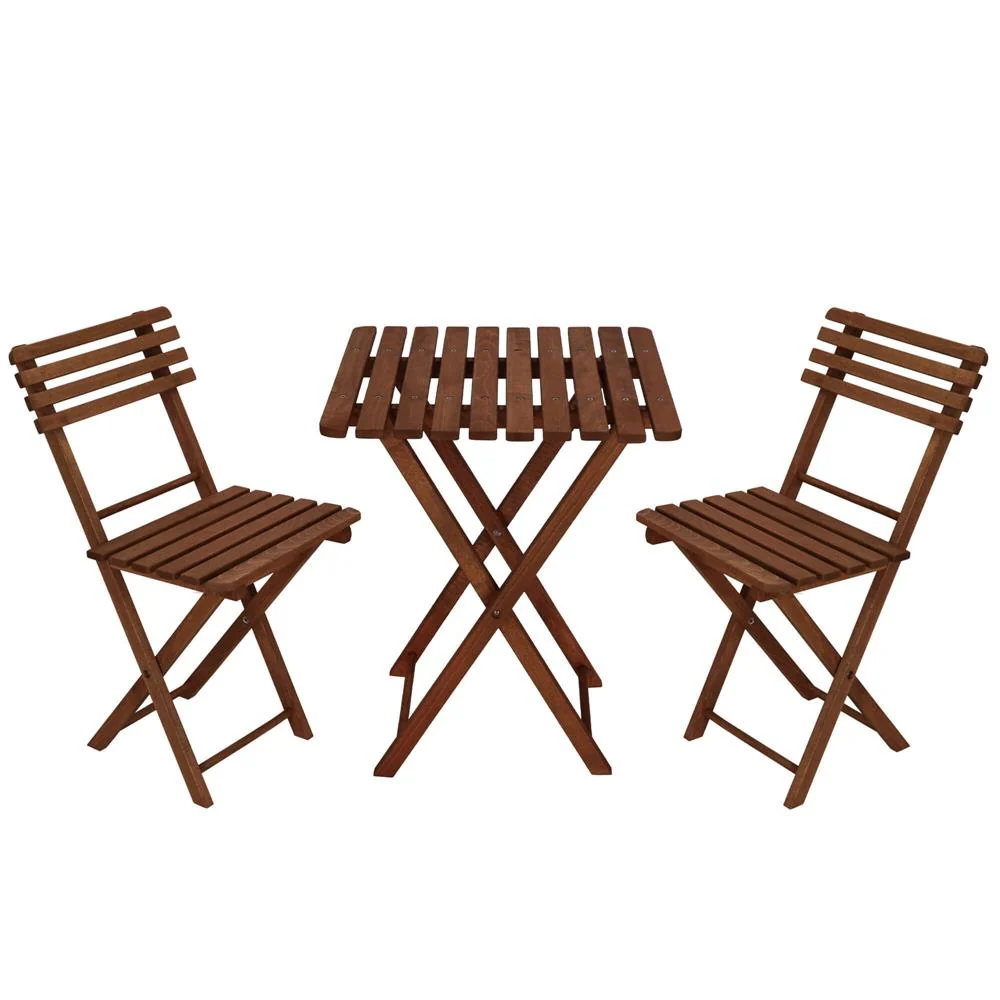 Set mobilier balcon sau terasa din lemn de fag, pliabil, masa 52x51x65 cm si 2 scaune, maro inchis