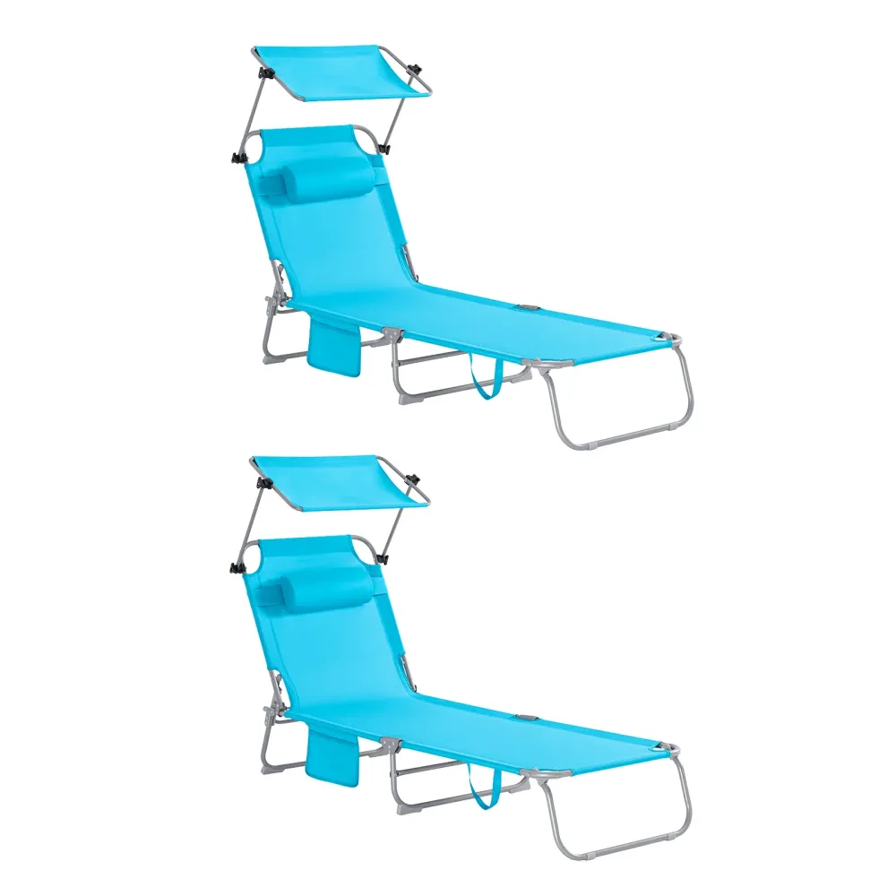SoBuy OGS48-Bx2 Set de 2 șezlonguri de grădină înclinabile șezlong pliabil cu buzunar lateral pernă și umbrie șezlong de e...