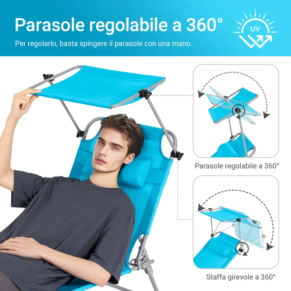 SoBuy OGS48-Bx2 Set de 2 șezlonguri de grădină înclinabile șezlong pliabil cu buzunar lateral pernă și umbrie șezlong de e...