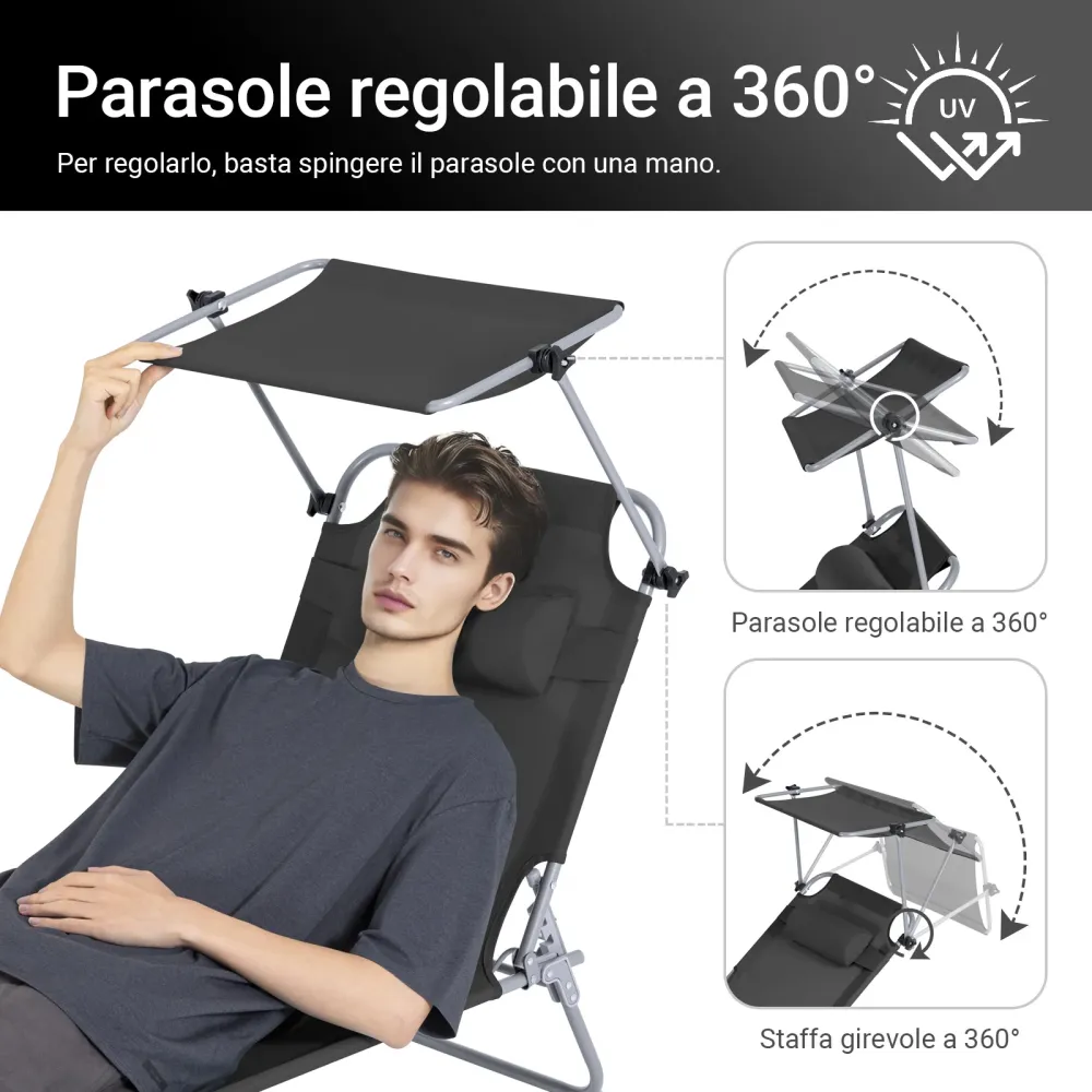 SoBuy OGS48-SCHx2 Set de 2 șezlonguri înclinabile de grădină Sezlong pliabil cu buzunar lateral pentru pernă și umbrelă de...