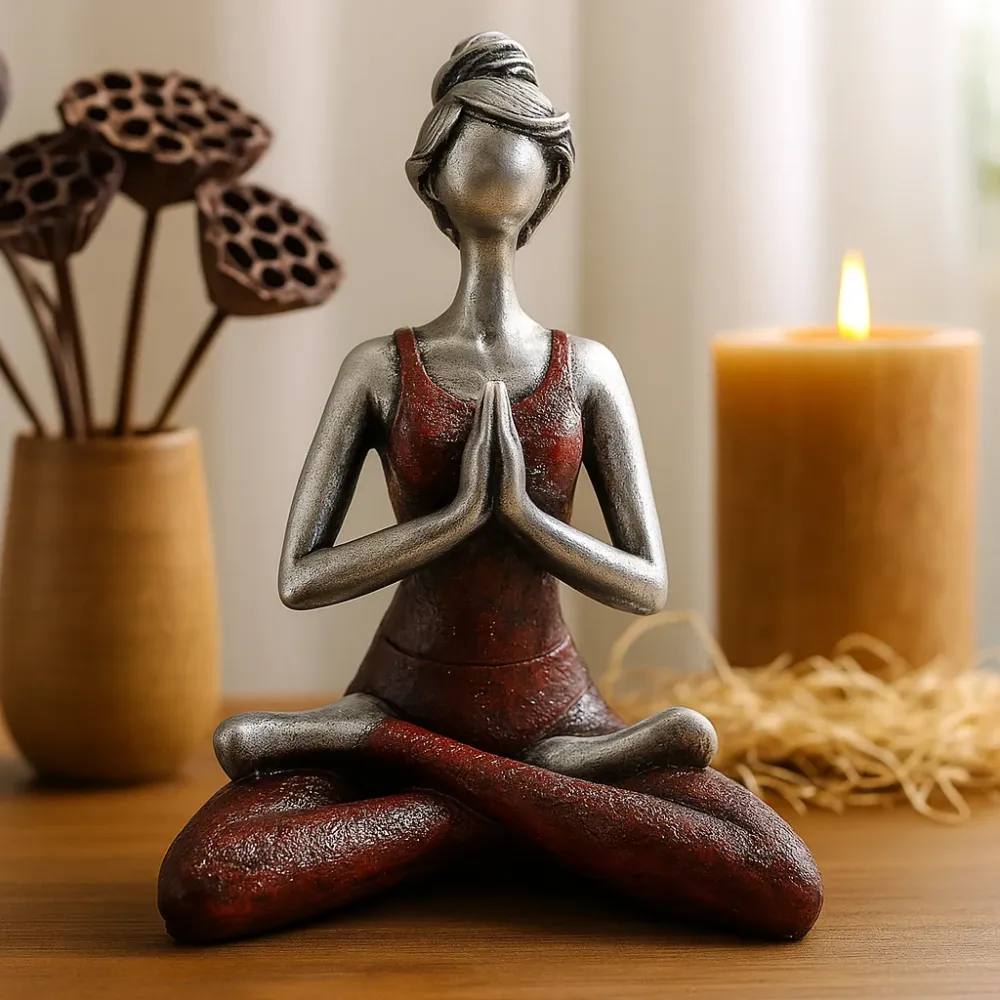 Figurină Femeie Yoga – Argintiu și Bordeaux 24cm