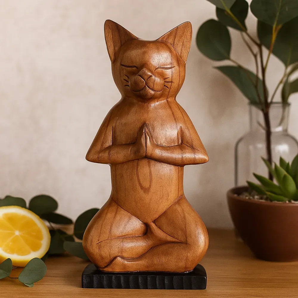 Figurina Pisică Yoga, Poziția Lotus Sculptată Manual