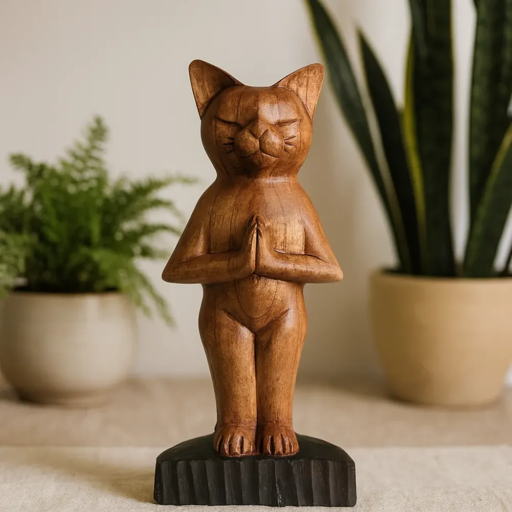 Figurina Pisică Yoga Sculptată Manual în Picioare