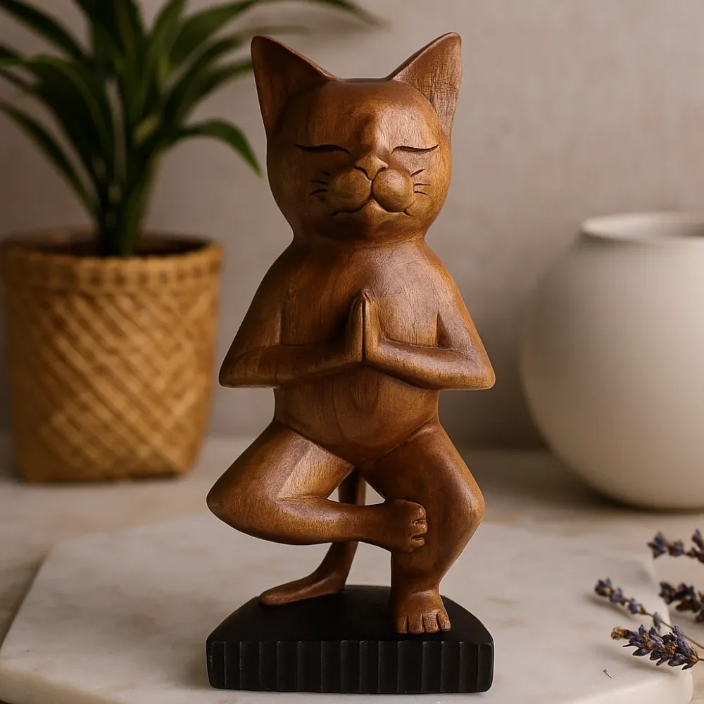 Figurina Pisică Yoga Sculptată Manual Un Picior