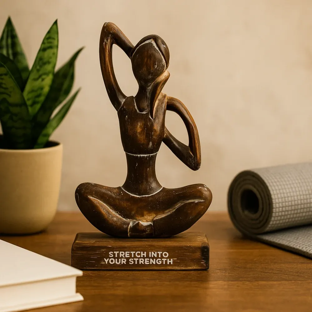 Sculptură Antică din Lemn pentru Yoga, Figurina în Poziția Feței de Vacă