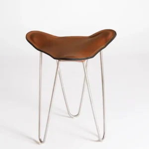Taburet, baza inox, piele naturala culoare coniac, Trifolium