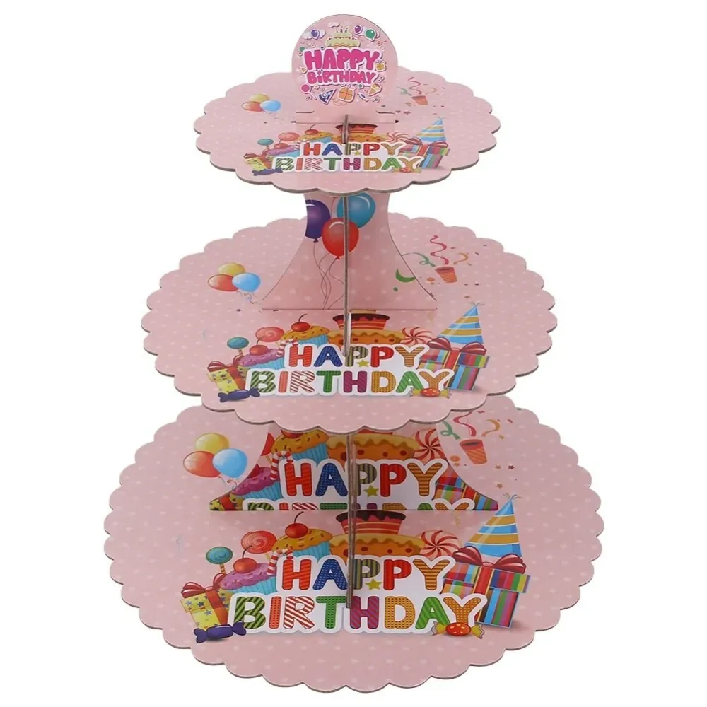 Etajera pentru Prajituri, din Carton, 3 Nivele, 16/22/29 cm Diametru, Inaltime 38 cm, Tema Happy Birthday