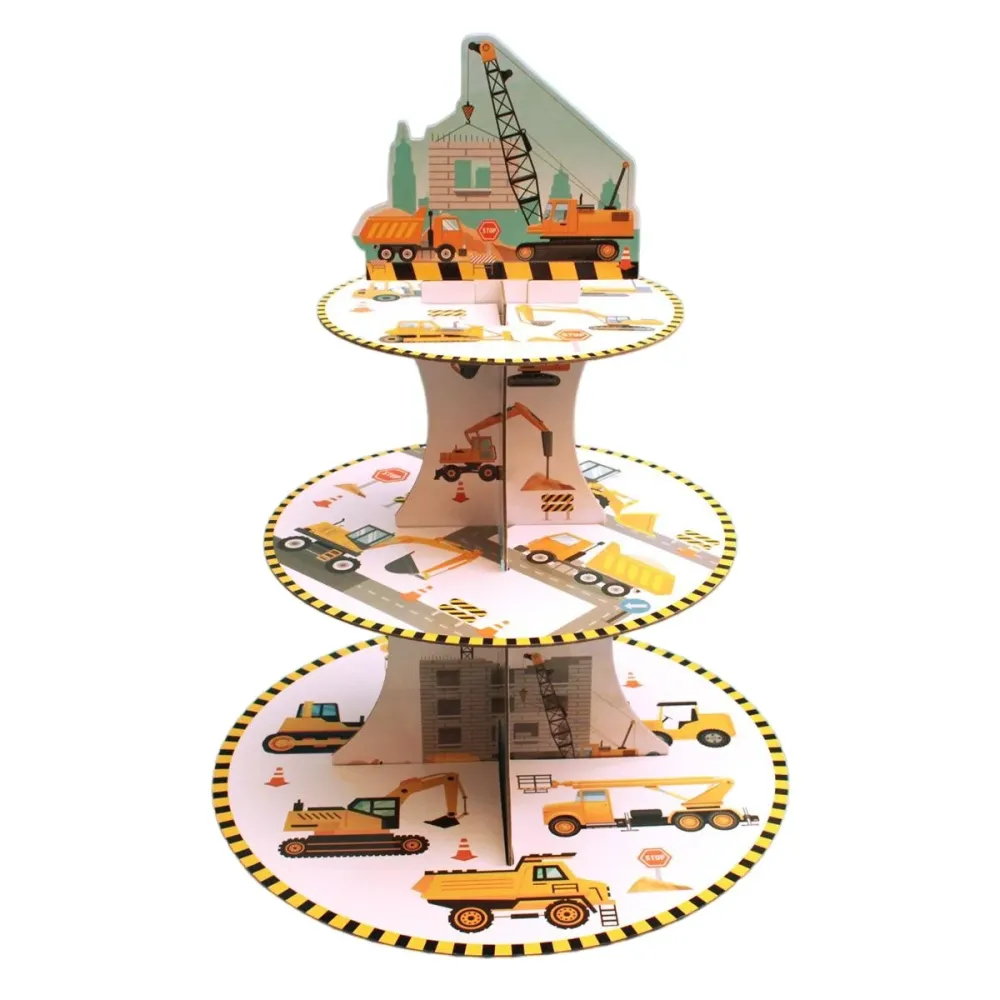 Etajera pentru Prajituri, din Carton, 3 Nivele, 16/22/29 cm Diametru, Inaltime 38 cm, Tema Utilaje de Santier