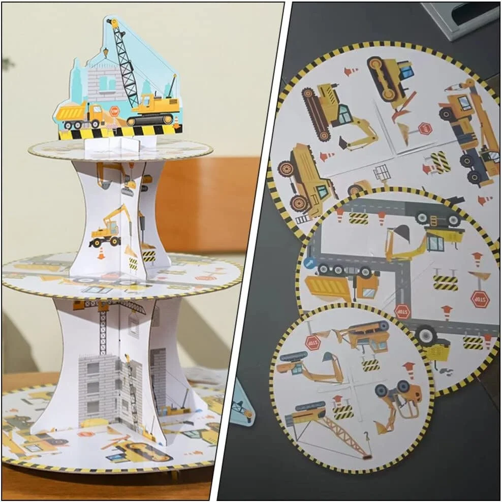 Etajera pentru Prajituri, din Carton, 3 Nivele, 16/22/29 cm Diametru, Inaltime 38 cm, Tema Utilaje de Santier