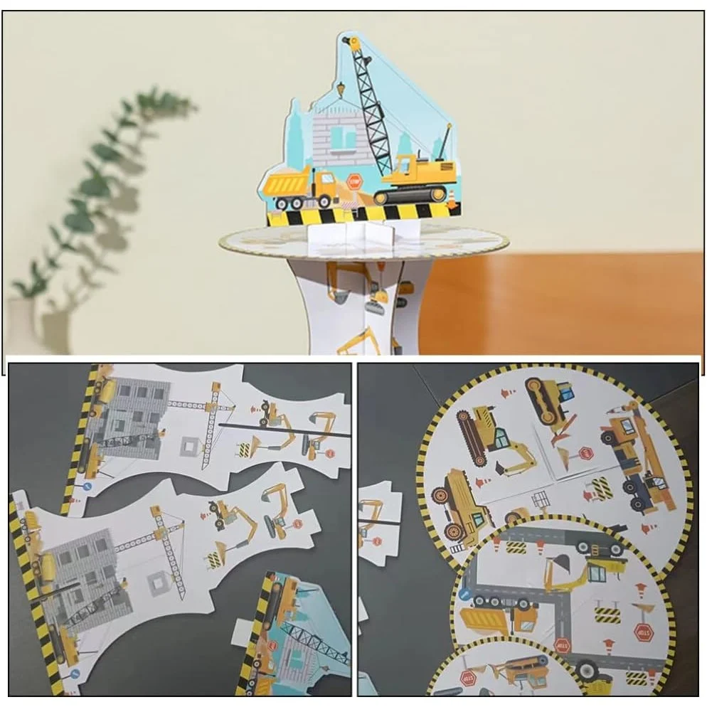 Etajera pentru Prajituri, din Carton, 3 Nivele, 16/22/29 cm Diametru, Inaltime 38 cm, Tema Utilaje de Santier