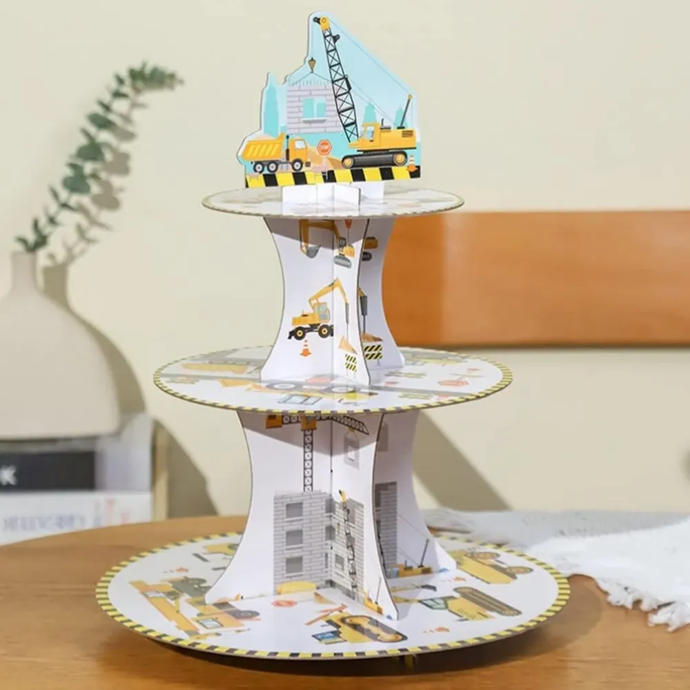 Etajera pentru Prajituri, din Carton, 3 Nivele, 16/22/29 cm Diametru, Inaltime 38 cm, Tema Utilaje de Santier
