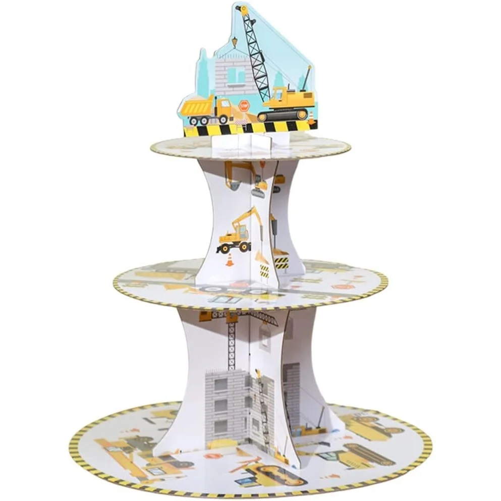 Etajera pentru Prajituri, din Carton, 3 Nivele, 16/22/29 cm Diametru, Inaltime 38 cm, Tema Utilaje de Santier