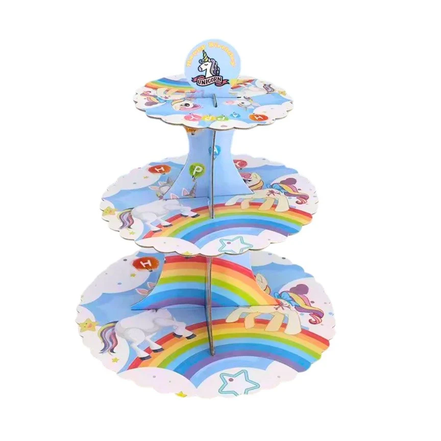 Etajera pentru Prajituri, din Carton, 3 Nivele, 16/22/29 cm Diametru, Inaltime 38 cm, Tema Unicorni