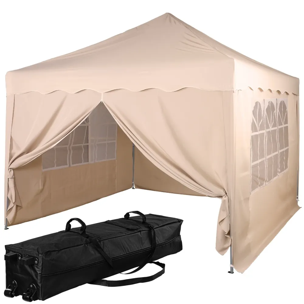 Pavilion pliabil cu 4 panouri laterale "BASIC", 3 x 3 m, geanta tip carucior, otel, culoare sampanie
