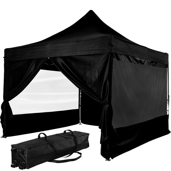 Pavilion pliabil PRO cu 4 sectiuni laterale, 3 x 3 m, geanta carucior, aluminiu, negru