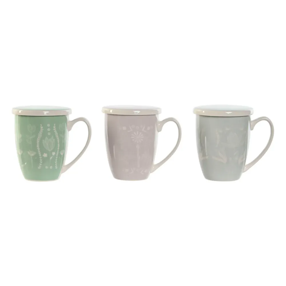 Cană cu filtru pentru infuzii DKD Home Decor Albastru Verde Roz deschis Oțel inoxidabil Porțelan 380 ml (3 Unități)