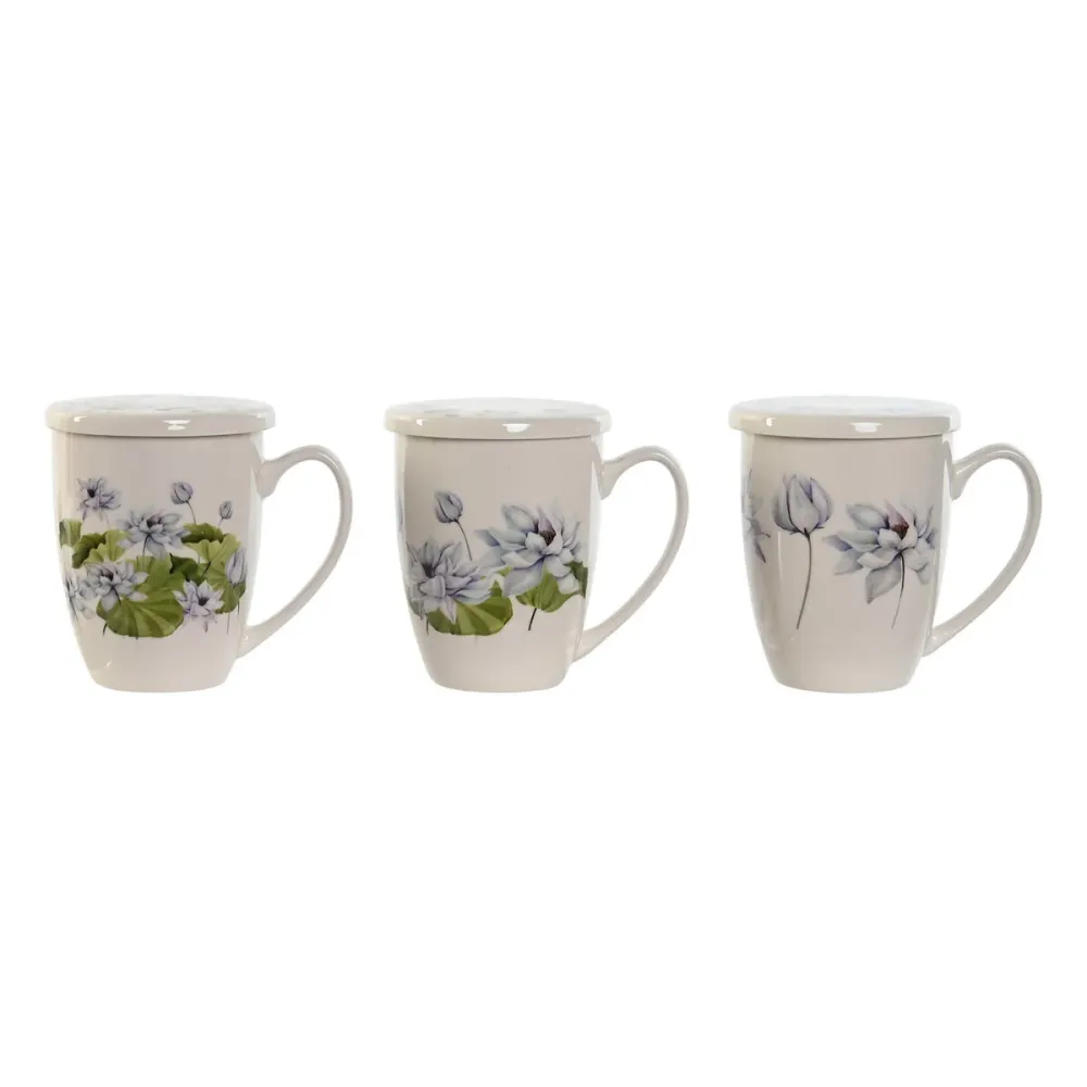 Cană cu filtru pentru infuzii DKD Home Decor Albastru Alb Verde Oțel inoxidabil Porțelan 380 ml (3 Unități)