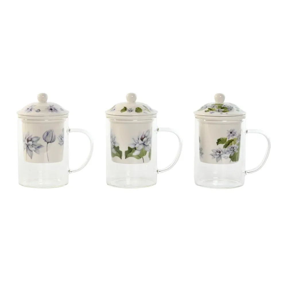 Cană cu filtru pentru infuzii DKD Home Decor Albastru Alb Verde Geam Porțelan 300 ml (3 Unități)