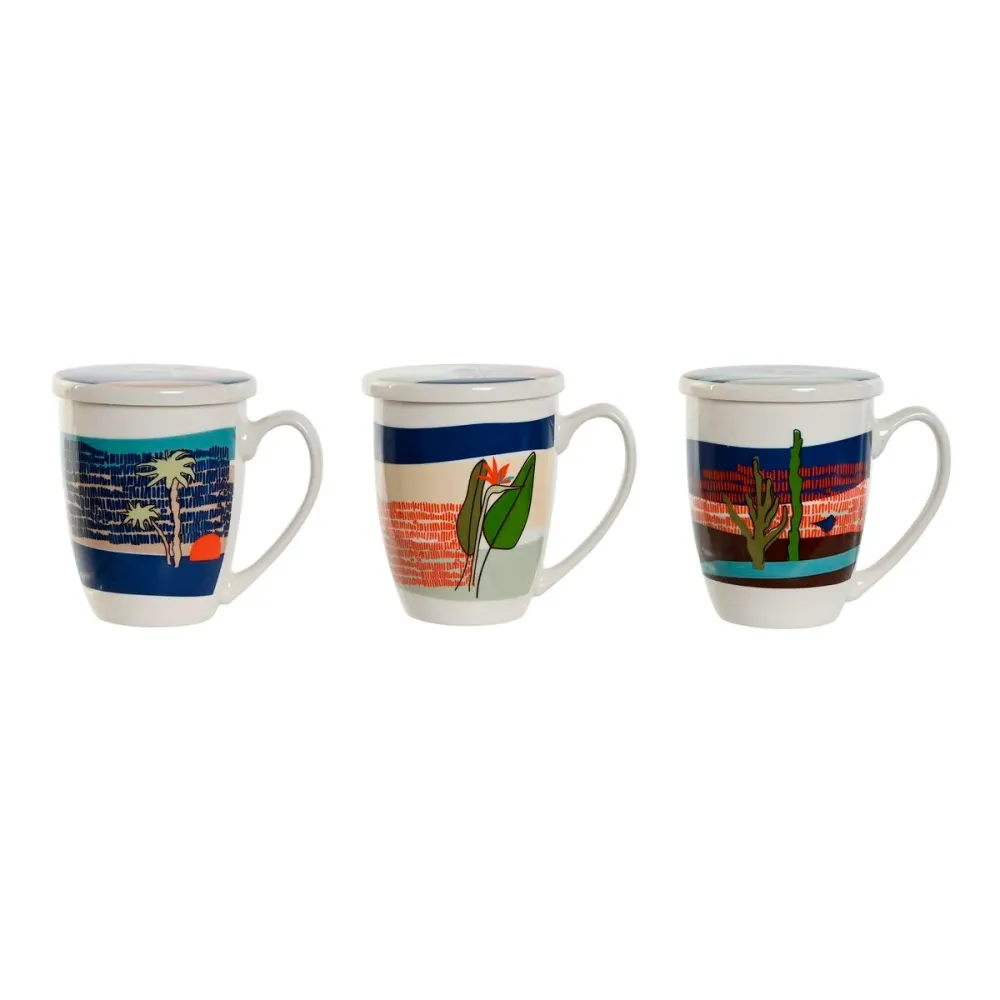 Cană cu filtru pentru infuzii Home ESPRIT Albastru Verde Oțel inoxidabil Porțelan Tropical 380 ml (3 Unități)
