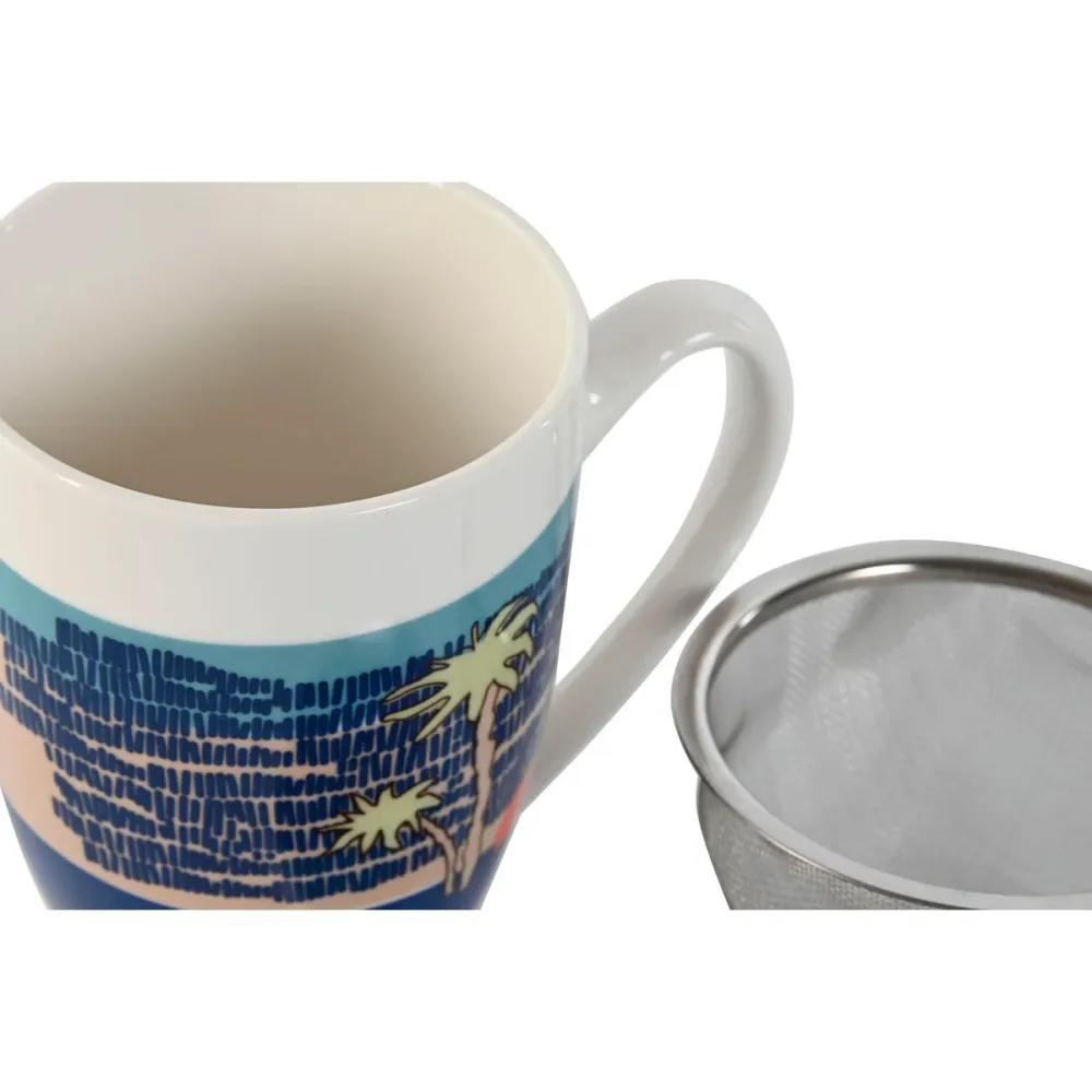 Cană cu filtru pentru infuzii Home ESPRIT Albastru Verde Oțel inoxidabil Porțelan Tropical 380 ml (3 Unități)