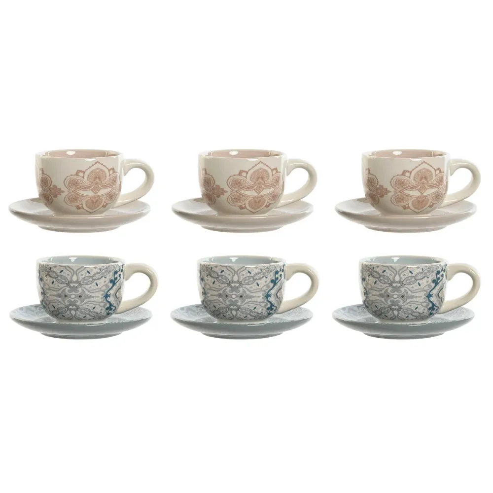 Set de Cești cu Farfurii Home ESPRIT Albastru Bej Metal Dolomite 180 ml 20 x 18 x 20 cm (2 Unități)