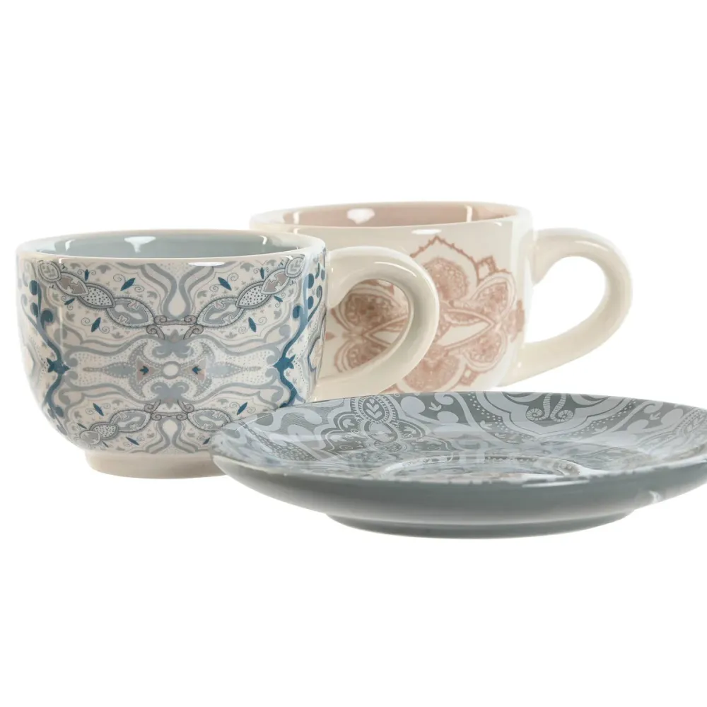 Set de Cești cu Farfurii Home ESPRIT Albastru Bej Metal Dolomite 180 ml 20 x 18 x 20 cm (2 Unități)