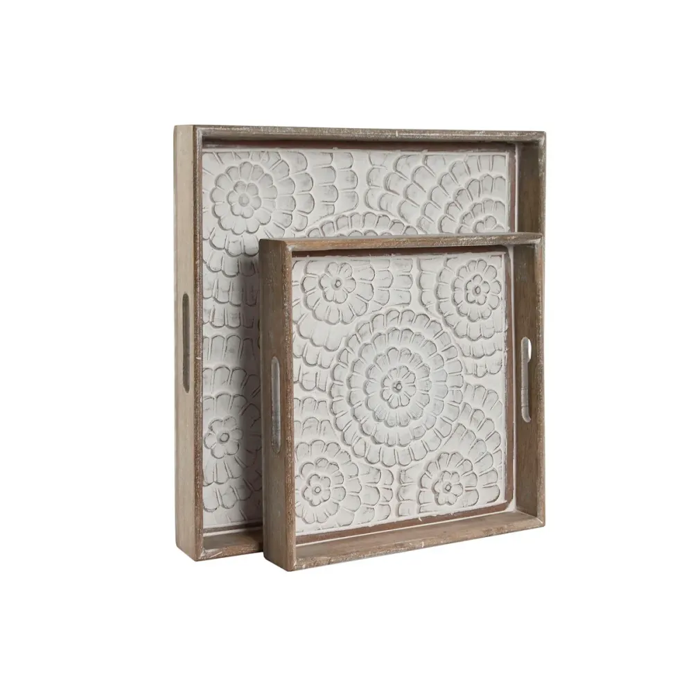 Set de Tăvi Home ESPRIT Alb Natural Lemn de mango Lemn MDF 40 x 40 x 5 cm (2 Unități)