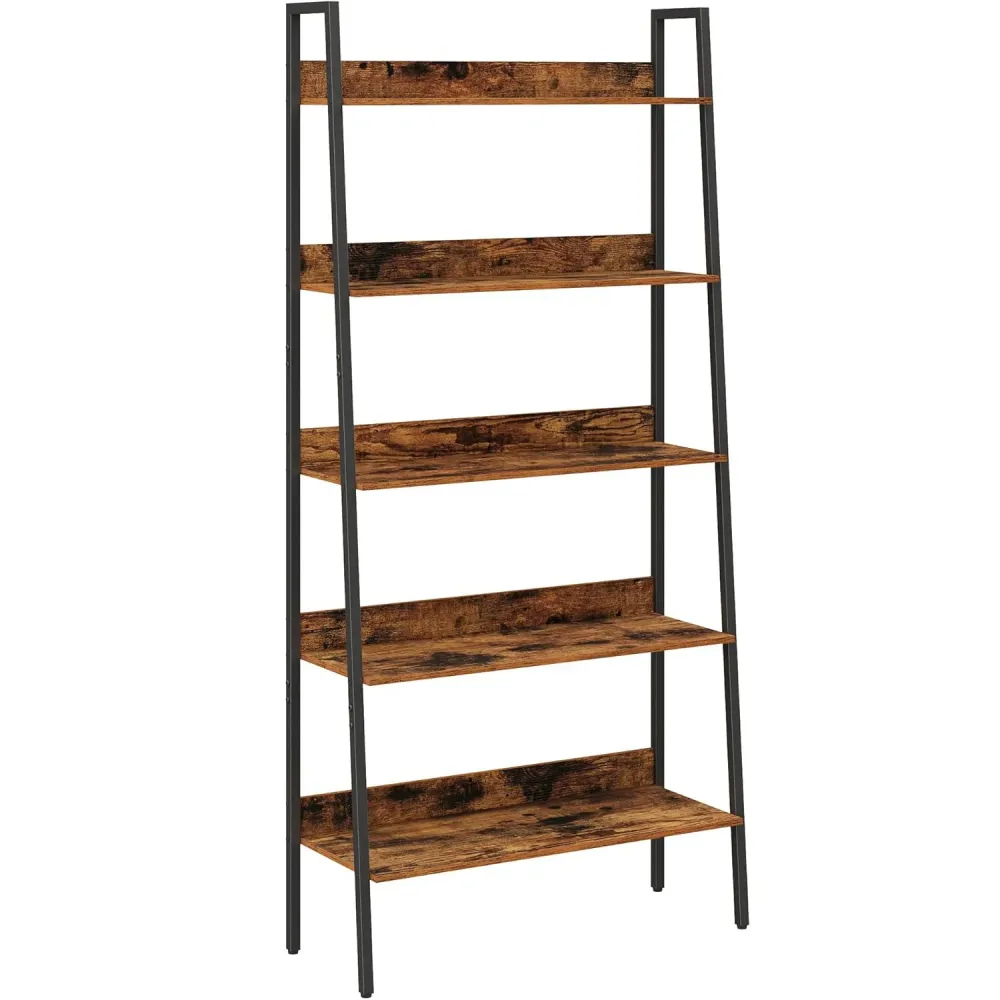 VASAGLE Biblioteca tip scara, cadru otel cu 5 polite, stil industrial, 80x30x170 cm, maro