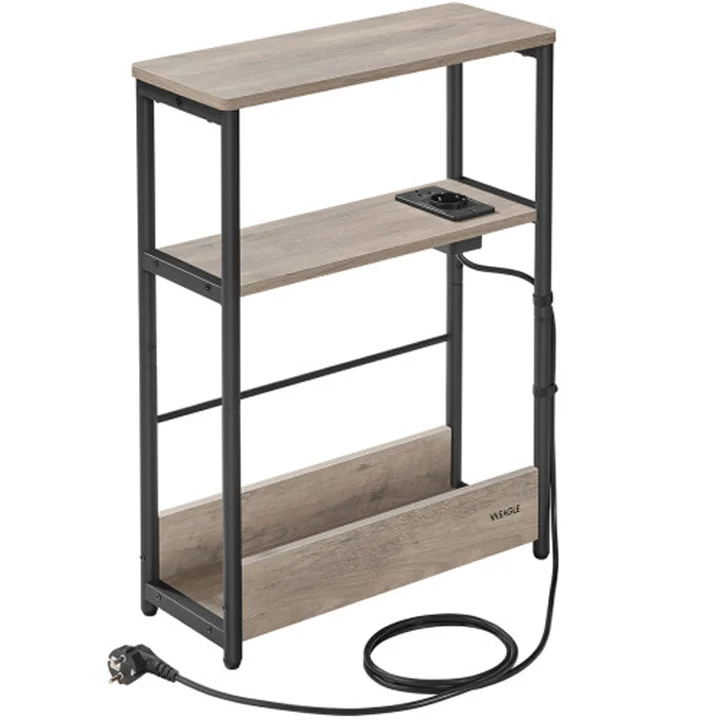 VASAGLE Masuta ingusta cu priza si porturi de incarcare USB, 3 rafturi, 45x18x58 cm, gri