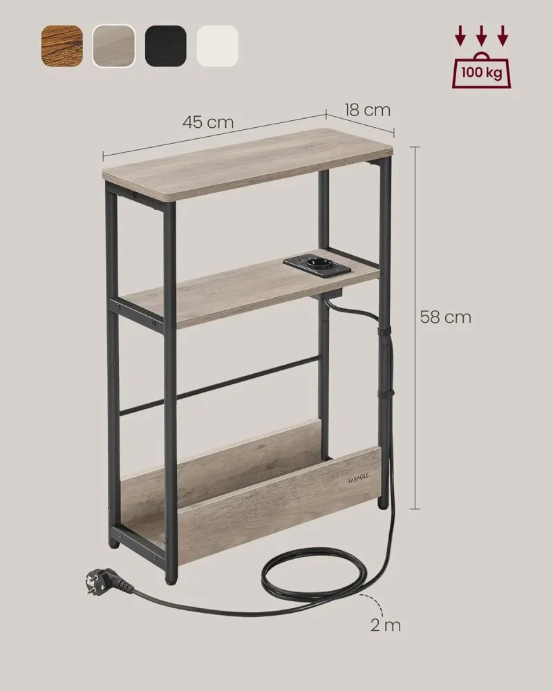 VASAGLE Masuta ingusta cu priza si porturi de incarcare USB, 3 rafturi, 45x18x58 cm, gri