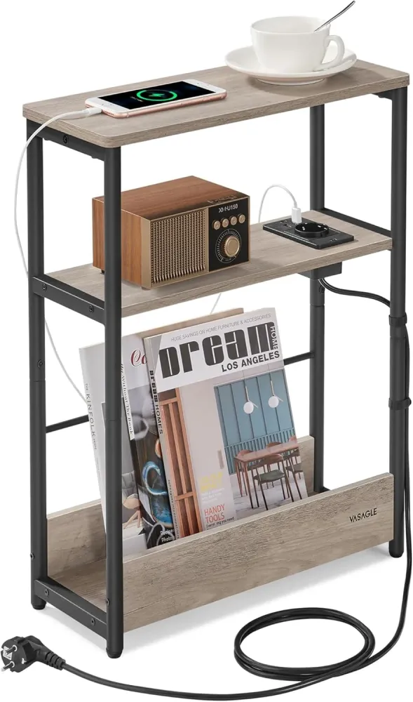 VASAGLE Masuta ingusta cu priza si porturi de incarcare USB, 3 rafturi, 45x18x58 cm, gri