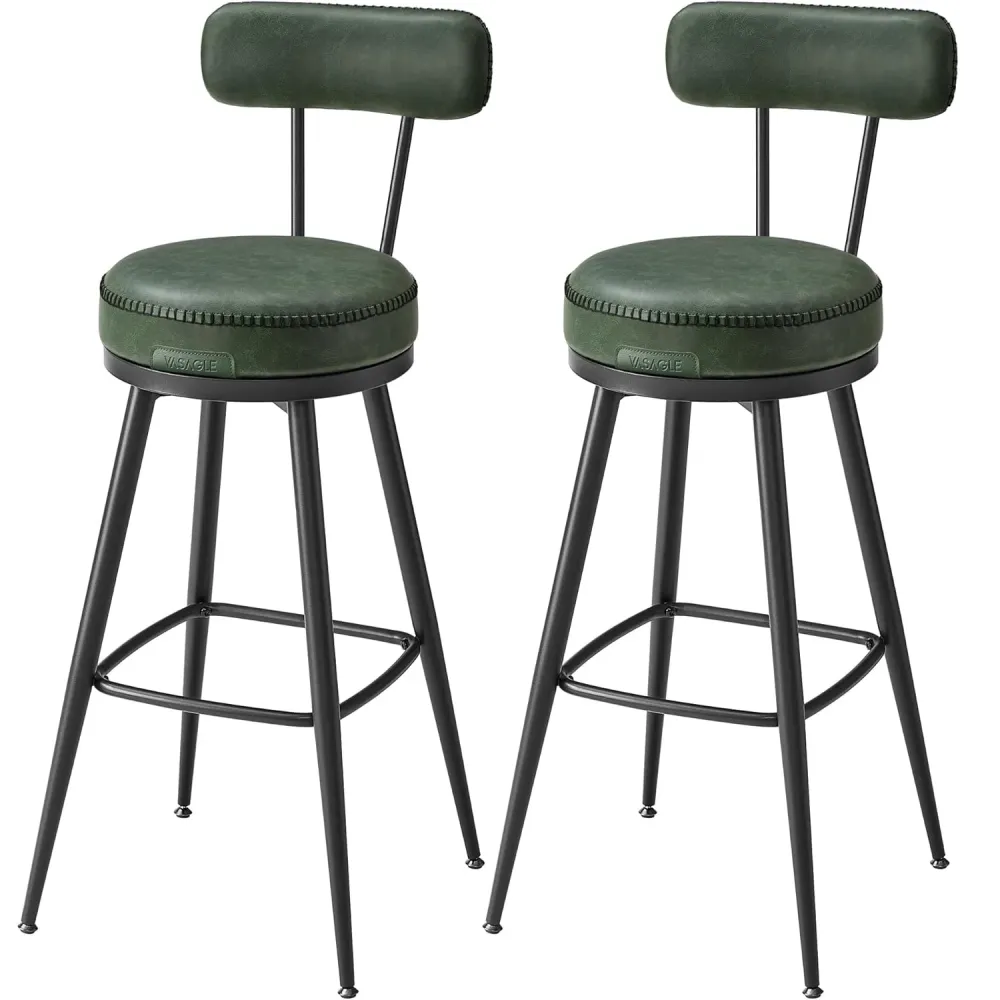 VASAGLE set 2 scaune de bar rotative 360°, cu spatar, inaltime 101 cm, piele sintetica, cadru otel, stil modern, verde