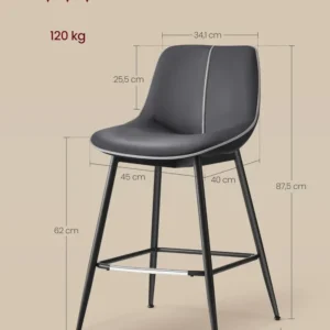 VASAGLE Set 2 scaune de bar, spatar ergonomic din piele artificiala, cadru metalic, 50x50x88 cm, negru