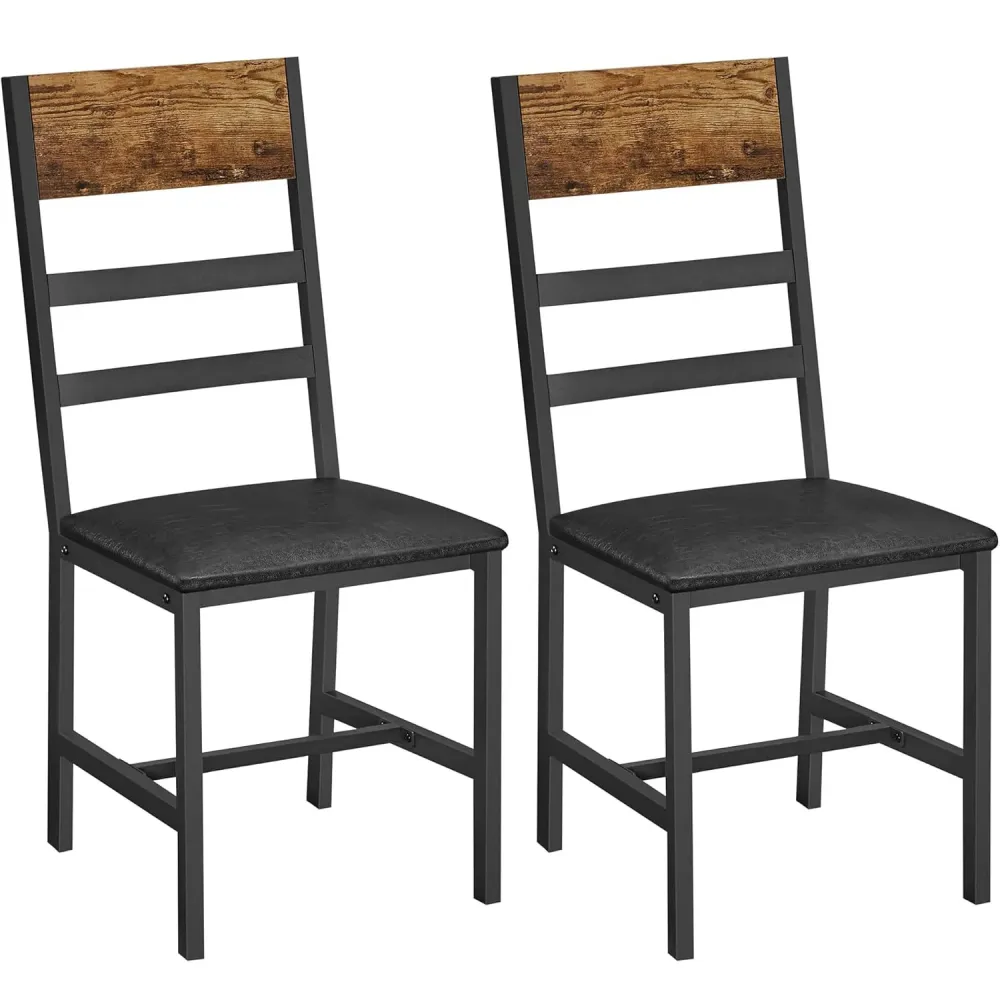 VASAGLE Set 2 scaune de living, tapitate, cu spatar, stil industrial, 43x43x96 cm, maro rustic si negru